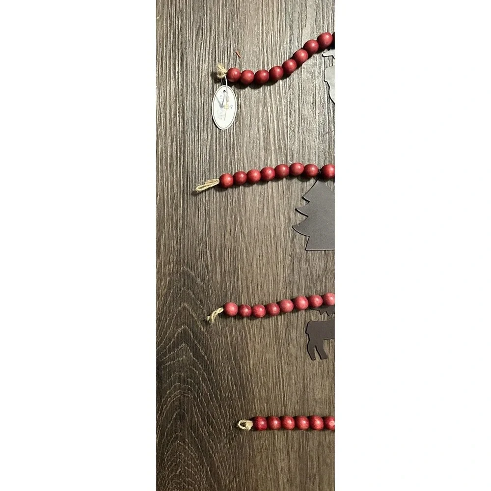 Lot 4 Red Wooden Bead Garland w/ Metal Reindeer Chistmas Trees Log Cabin Country